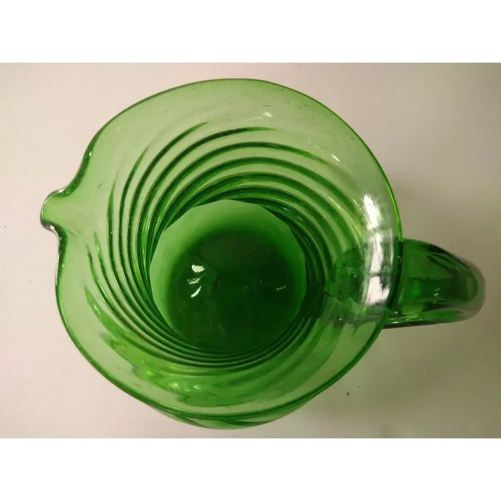 Vintage Hand Blown Large Green Glass Pitcher Ribbed 8.5